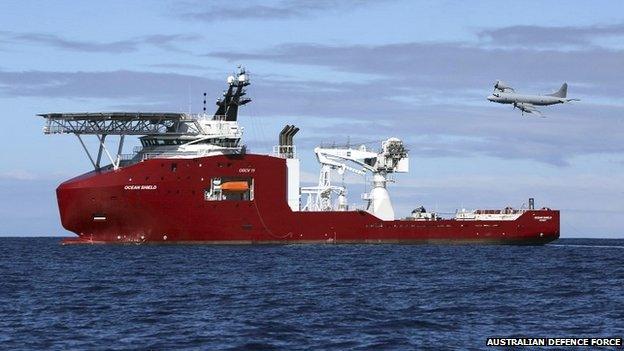 A Royal Australian Air Force (RAAF) AP-3C Orion flies past the Australian navy vessel Ocean Shield as it drops sonar buoys to assist in the search for missing Malaysian Airlines Flight MH370