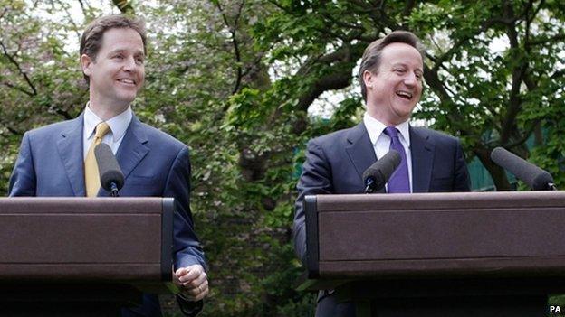 Nick Clegg and David Cameron in the Downing Street rose garden in 2010