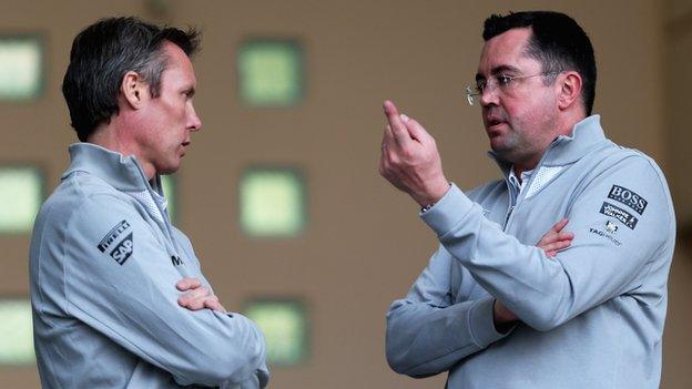 McLaren Sporting Director Sam Michael and McLaren Racing Director Eric Boullier talk during day three of Formula One Winter Testing at the Bahrain International