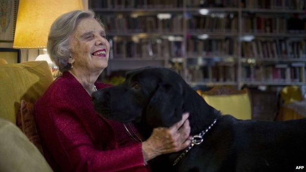 Mexican writer Elena Poniatowska smiles during an interview at her home in Mexico City, on 16 April, 2014