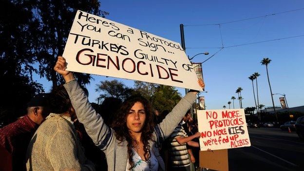 People upset over Armenia's warming diplomatic relations with Turkey, protest in front of the Beverly Hilton hotel on 4 October 2009 in Beverly Hills, California.