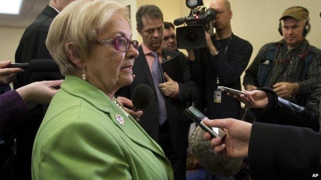 Lac Megantic Mayor Colette Roy-Laroche speaks with the media about rail safety measures announced by the government in Ottawa 23 April 2014