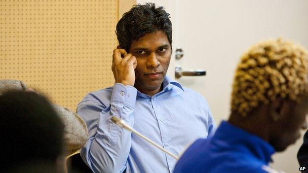 A file photo taken on 22 June, 2011 shows Singaporean, Wilson Raj Perumal, sitting in the Lapland district court in Rovaniemi, Finland