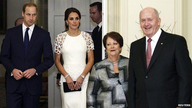 Prince William and Catherine attended a reception hosted by the Governor General Peter Cosgrove (right) and Lady Cosgrove (second right)