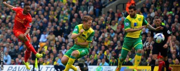 Raheem Sterling fires home Liverpool's first goal against Norwich