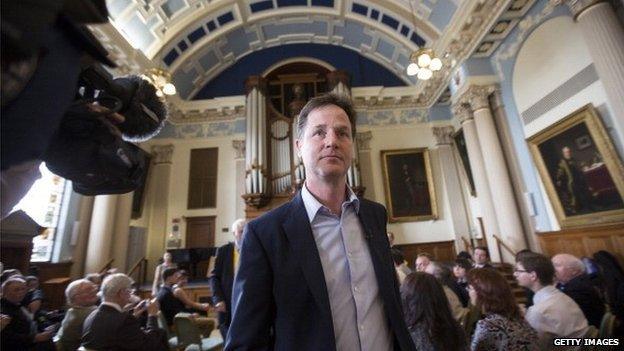 Nick Clegg heads to the stage to launch his party's EU elections campaign