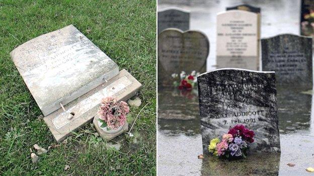 Two images illustrating damage to gravestones at Moorland church during and after the winter flooding