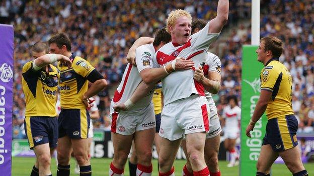 St Helens and James Graham celebrate the try against Leeds