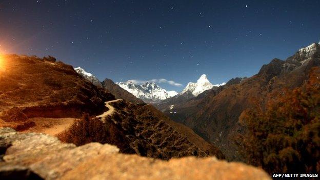 In this long exposure photograph taken on December 4, 2009, The Mount Everest range is seen from Syangboche, a small Himalayan settlement some 140kms (87 miles) northeast of Kathmandu