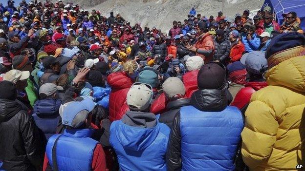 A meeting between Nepalese government delegation and Sherpa mountain guides near Everest base camp