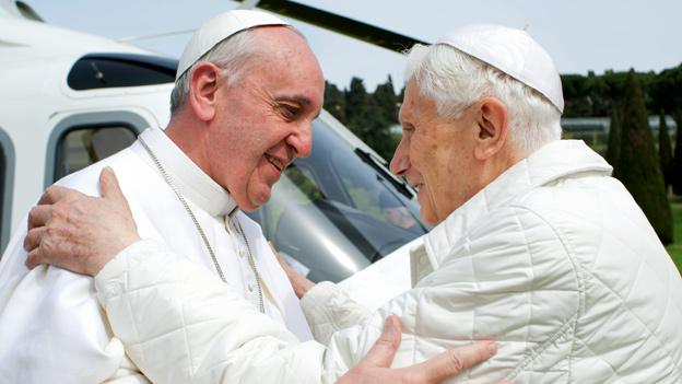 Pope Francis (left) meets Pope emeritus Benedict XVI in Castel Gandolfo - file pic