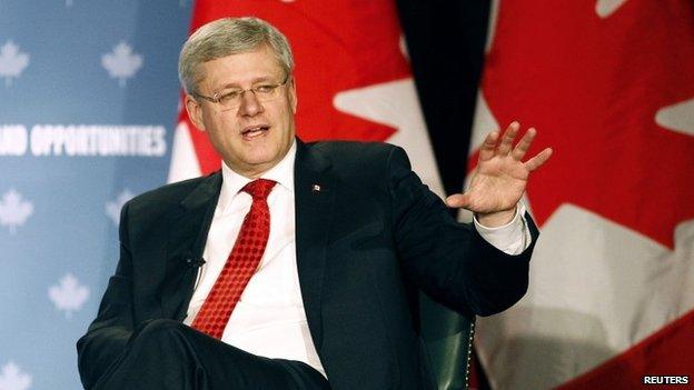 Canada's Prime Minister Stephen Harper speaks during a moderated question and answer session with the Greater Kitchener Waterloo and the Cambridge Chambers of Commerce in Kitchener, Ontario, 25 April 2014