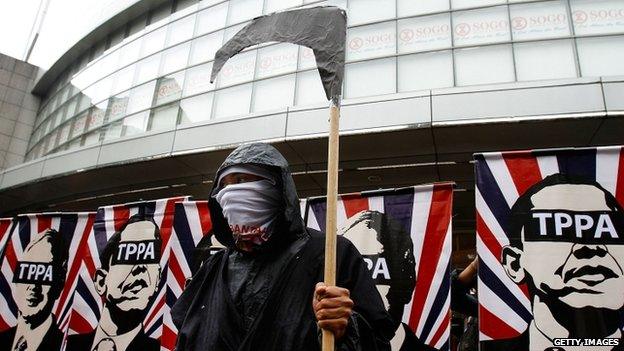 An activists protests against the Trans-Pacific Partnership deal in Kuala Lumpur. Photo: 26 April 2014