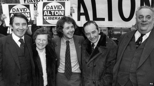 Liberal MP David Alton and his parents celebrate his by-election victory at Edge Hill, with David Steel and Cyril Smith