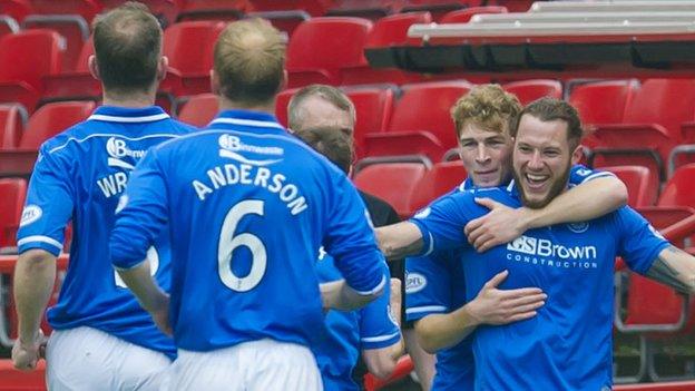 St Johnstone celebrate Stevie May's goal at Pittodrie