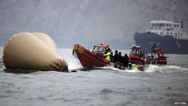 Rescue workers operate near floats where the capsized passenger ship Sewol sank. 27 April 2014