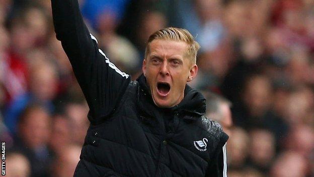 Garry Monk shouts at the players during Swansea's 4-1 win over Aston Villa