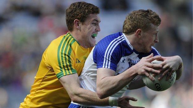 Monaghan's Kieran Hughes is shackled by Donegal's Luke Keaney at Croke Park