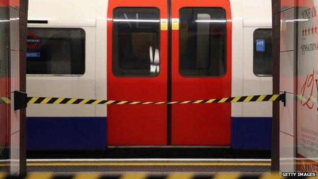 Roped off tube train during strike