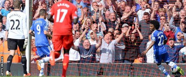 Chelsea celebrate a goal at Anfield