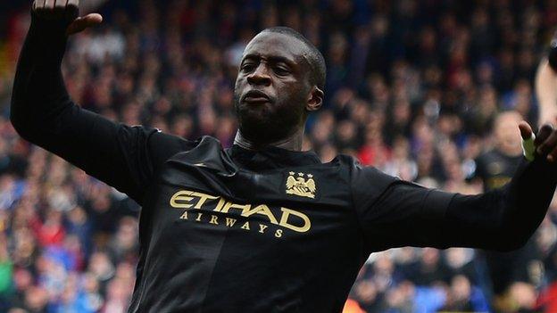 Yaya Toure celebrates after giving Manchester City a 2-0 lead against Crystal Palace at Selhurst Park