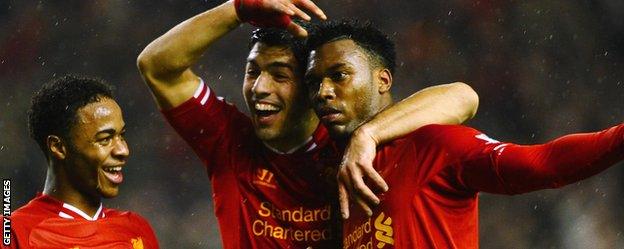 Liverpool trio Raheem Sterling (left), Luis Suarez (centre) and Daniel Sturridge