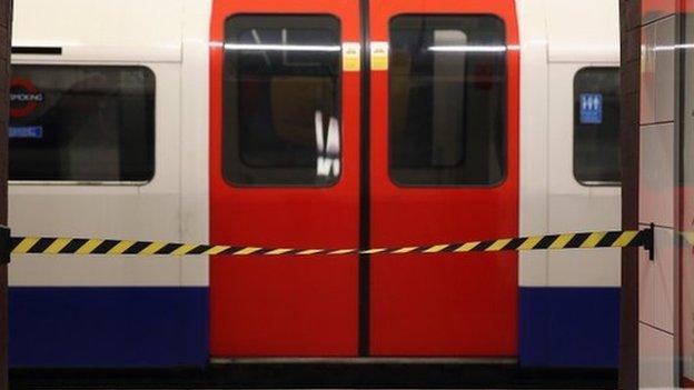 Roped off tube train during strike