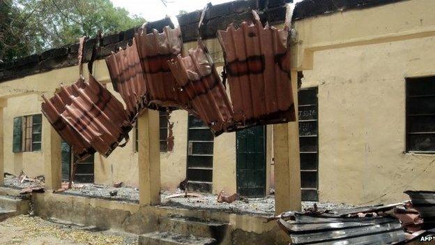 A damaged classroom at the school in Chibok in north-eastern Nigeria, where gunmen abducted children (21 April 2014)