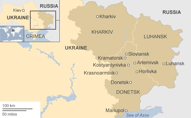 Map of towns in Ukraine reporting major protests by pro-Russian separatists