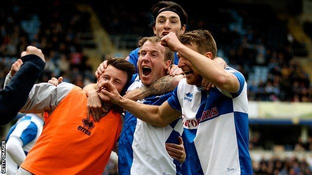 Bristol Rovers celebrate scoring against Wycombe