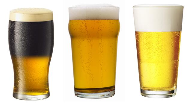 Three types of beer glass: The tulip, the nonic and the tumbler