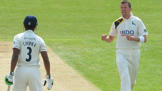 Notts paceman Peter Siddle dismisses Varun Chopra