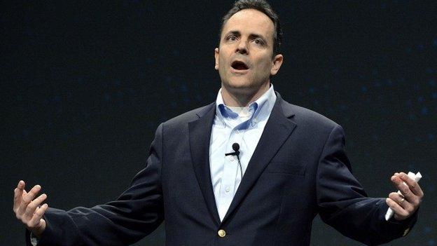 US Senate candidate Matt Bevin, speaks to a gathering at FreePAC Kentucky in Louisville, Kentucky 5 April 2014