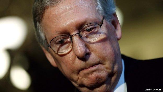 Senate Minority Leader Mitch McConnell speaks with reporters following the weekly policy luncheon for Senate Democrats in Washington DC 8 April 2014