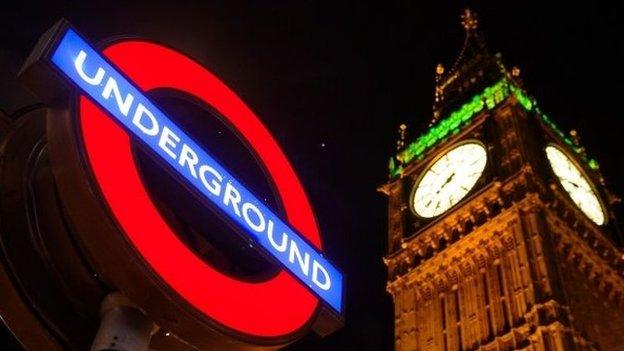 A London Underground sign in front of the Houses of Parliament