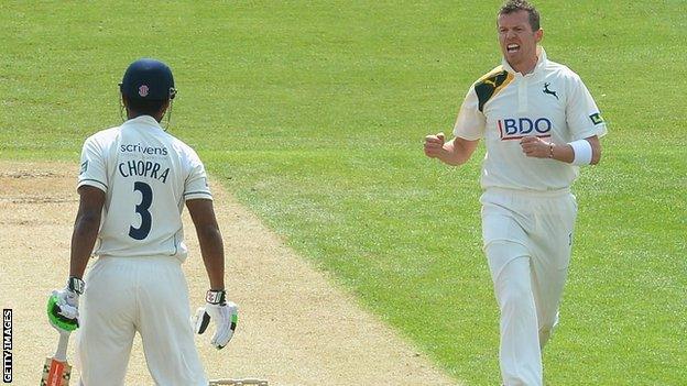 Notts paceman Peter Siddle dismisses Varun Chopra