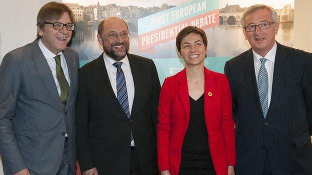 The four rival candidates - from left, G Verhofstadt, M Schulz; S Keller; J-C Juncker