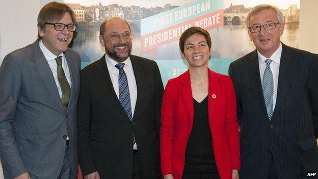 Rival candidates - from left, Guy Verhofstadt, Martin Schulz; Ska Keller; Jean-Claude Juncker