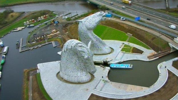 The Kelpies are sited at the eastern entrance to the Forth and Clyde canal