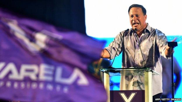 Panamanian presidential candidate Juan Carlos Varela of the Panamenista Party (PP), addresses supporters during the closing campaign rally in Panama City on April 27, 2014