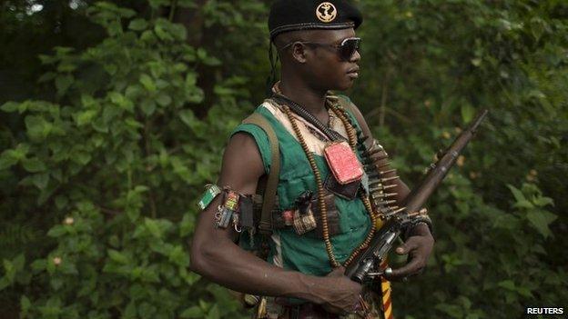 An anti-balaka fighter near the town of Yaloke in CAR on 25 April 2014