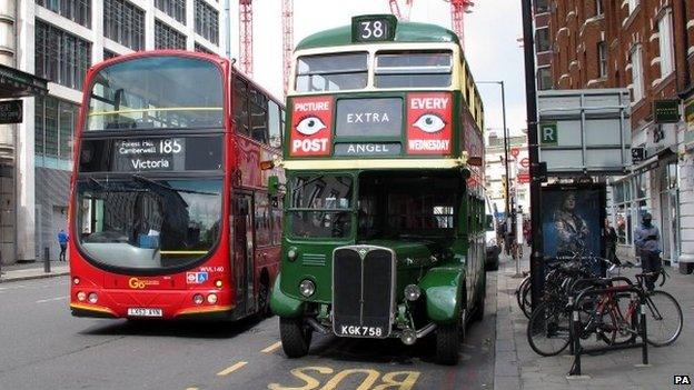 An old Routemaster bus is seen in Vauxhall Bridge Road