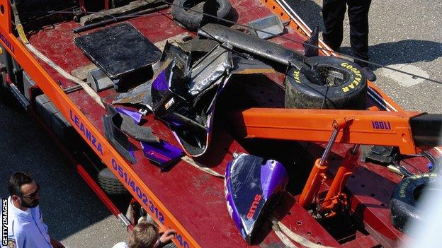 The wreckage of Roland Ratzenberger's car in 1994