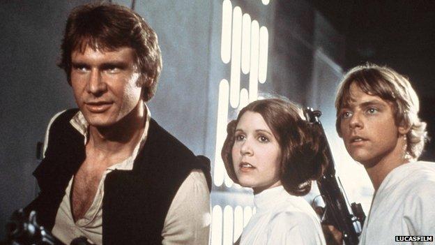 Harrison Ford, Carrie Fisher and Mark Hamill as Han Solo, Princess Leia and Luke Skywalker in Star Wars