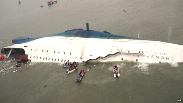 In this 16 April 2014 file photo, South Korean rescue team boats and fishing boats try to rescue passengers of the sinking Sewol ferry, off South Korea's southern coast, near Jindo, south of Seoul.