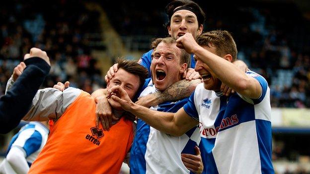 Bristol Rovers celebrate beating Wycombe