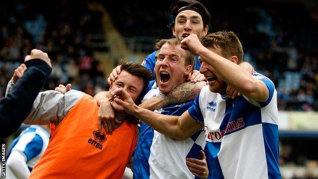 Bristol Rovers celebrate beating Wycombe