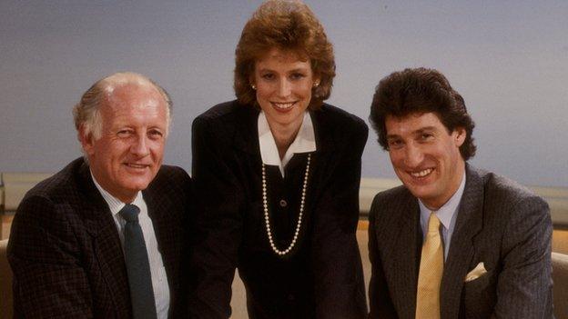 Paxman, right pictured with Frank Bough and Sally Magnusson on BBC Breakfast Time in 1986