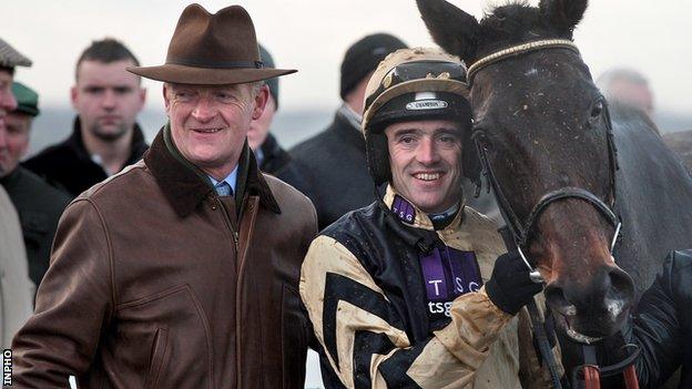 Trainer Willie Mullins and jockey Ruby Walsh with Boston Bob after the horse's Punchestown Gold Cup win in April