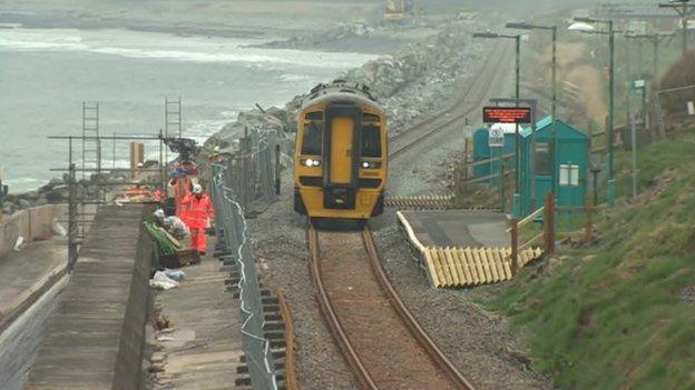 Train on a repaired stretch of the Cambrian Coast railway line